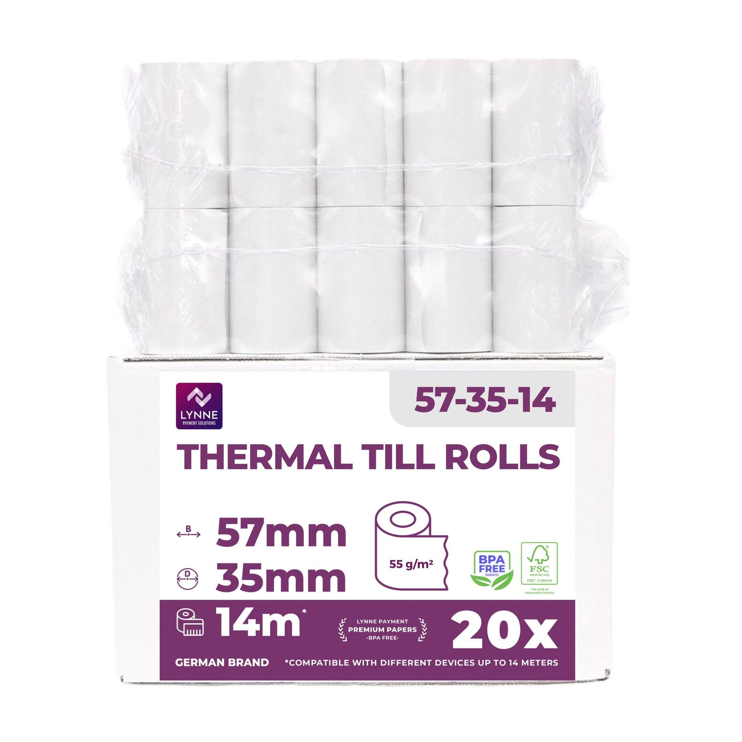 Rotoli Pos 57mm x 14m x 12mm - Rotolo di carta termica per ricevute bancomat – Rotolini per dispositivi pos 57x35x12 (20 Rotoli)