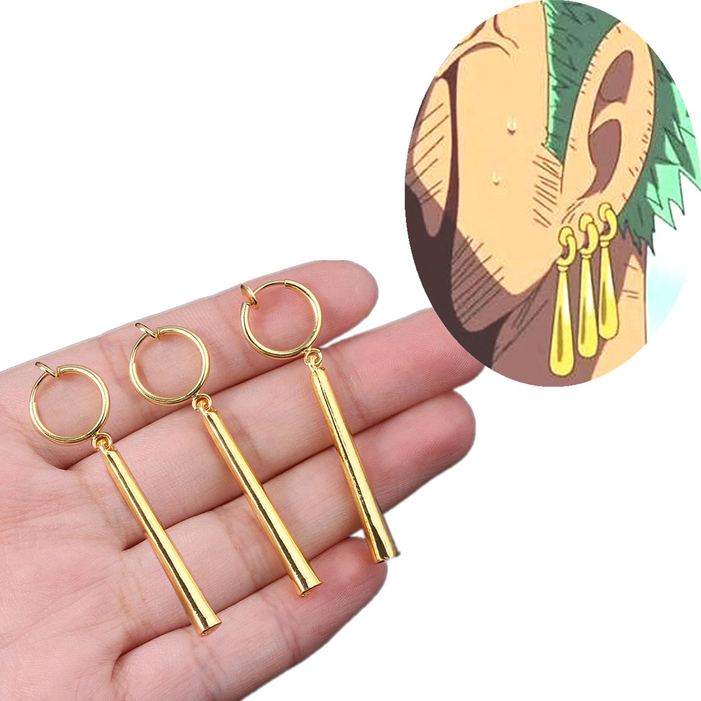 XHBTS Orecchini One Piece Zoro - Orecchini in oro con clip su Anime Cosplay per Amanti degli Anime (clip on) 3 set con Panno e Scatola