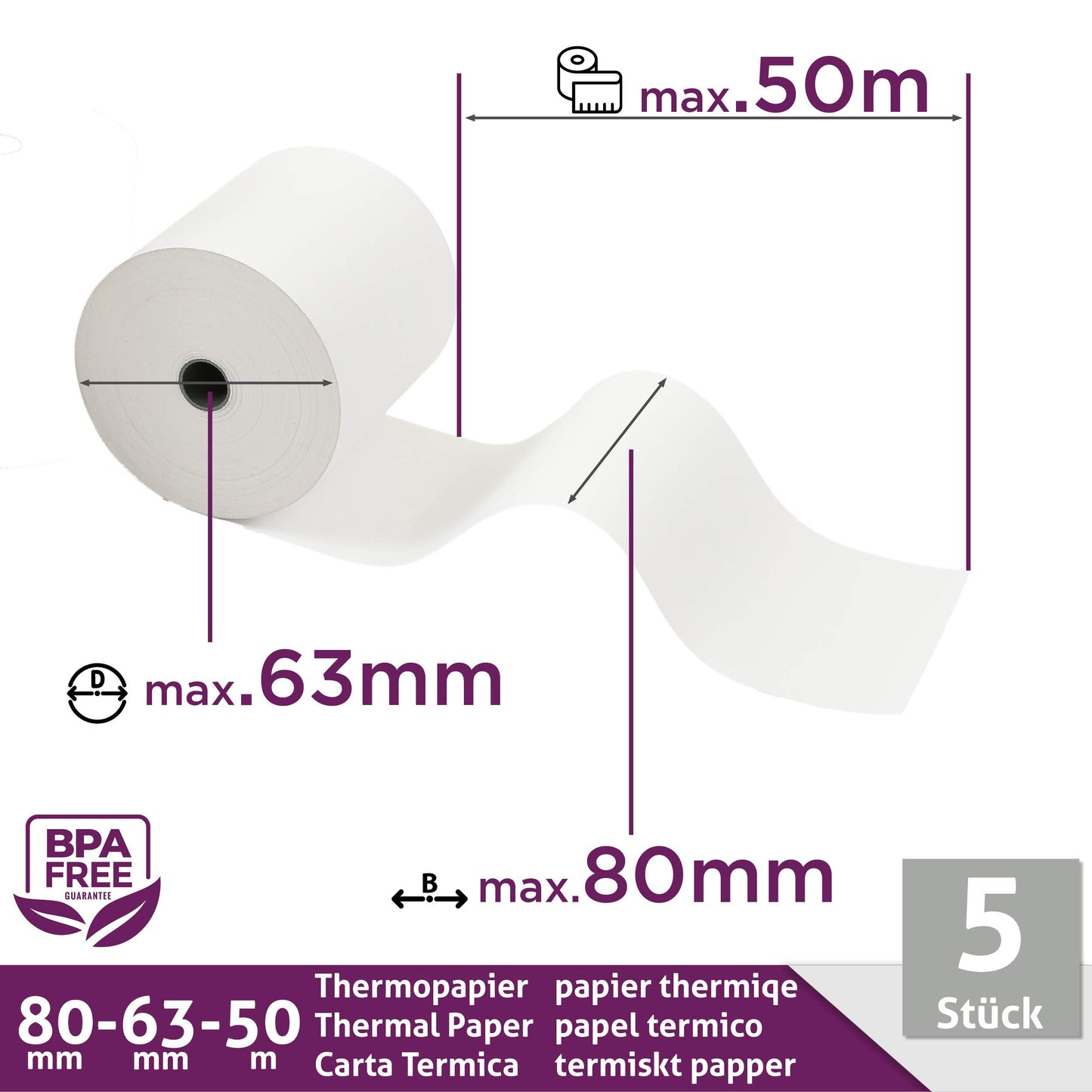 Rotoli termici 80mm x 50m x 12mm – Carta termica per registratore di cassa fiscale - Termici per registratori di cassa con stampante scontrini - (80x63x12) BPA Free (5 Rotoli)