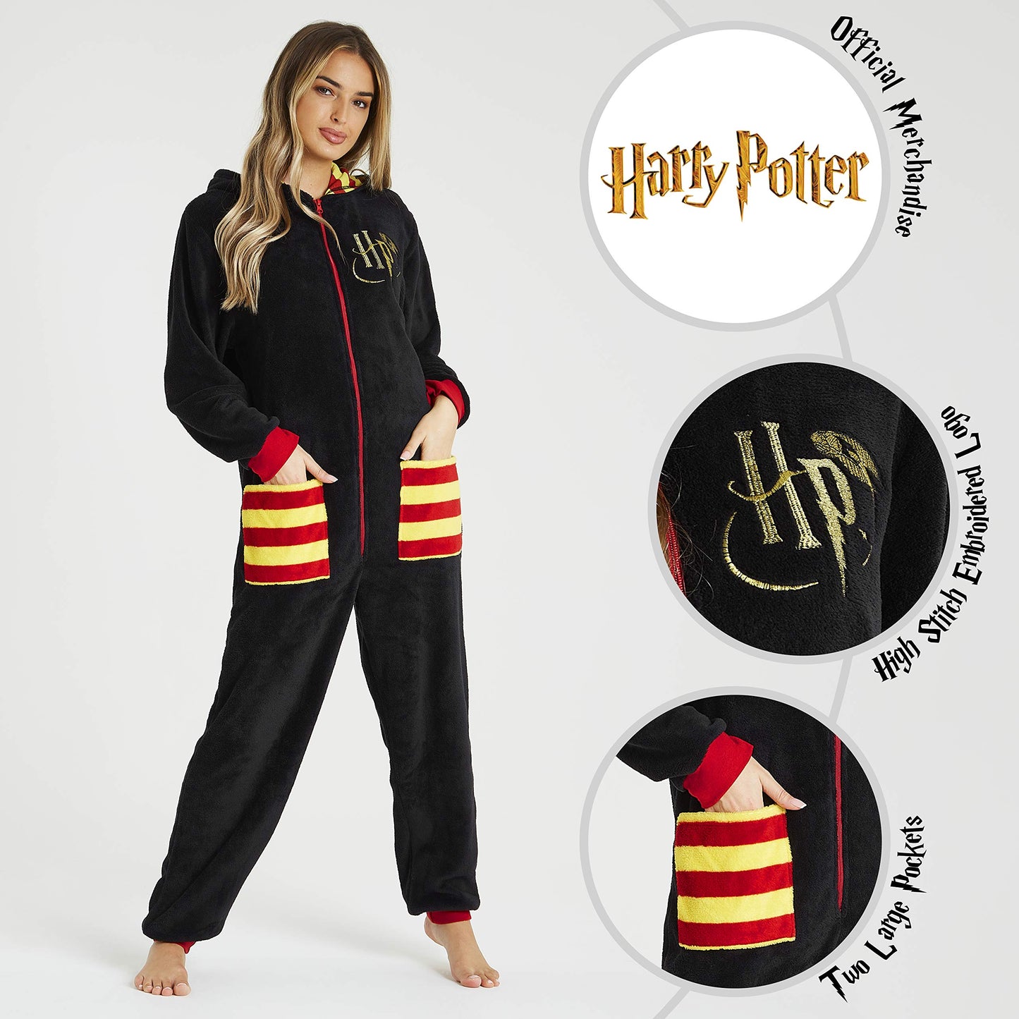Harry Potter Pigiama Intero Donna, Pigiamone in Pile Unisex S-XL, Merchandise Ufficiale, Regalo Originale (Nero, L)