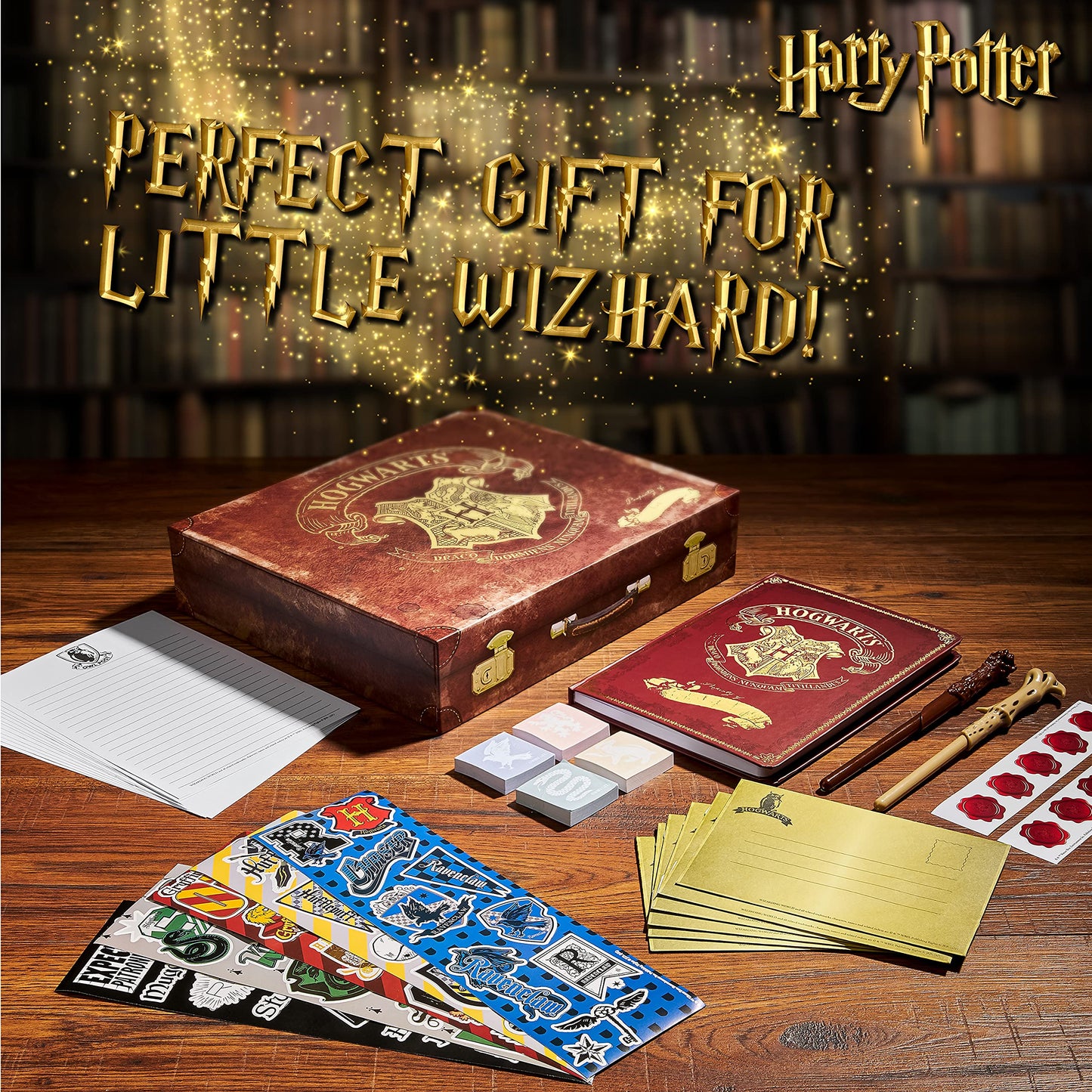 HARRY POTTER Cartoleria, Scatola di carta da lettera, taccuino, penna baguette, adesivi, buste, idea regalo per ragazza e ragazzo, con scatola ricordo