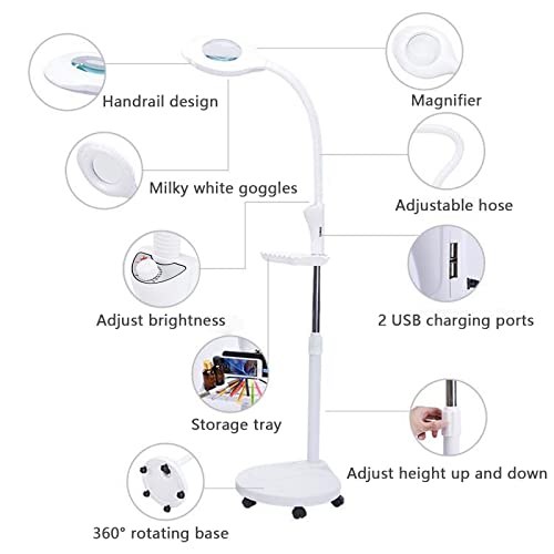 16X LED lampada lente ingrandimento da terra, regolabile Angolo del tubo tubo flessibile con 5 ruote girevoli - per Manicure, Lettura, Gioielli, Bambini, Elettronica, Professionale, Alluminio, Bianco