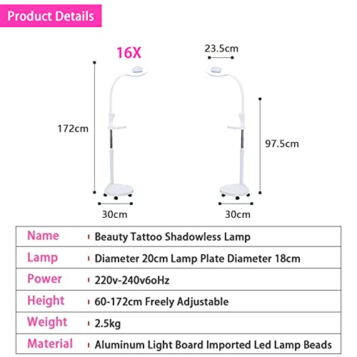 16X LED lampada lente ingrandimento da terra, regolabile Angolo del tubo tubo flessibile con 5 ruote girevoli - per Manicure, Lettura, Gioielli, Bambini, Elettronica, Professionale, Alluminio, Bianco