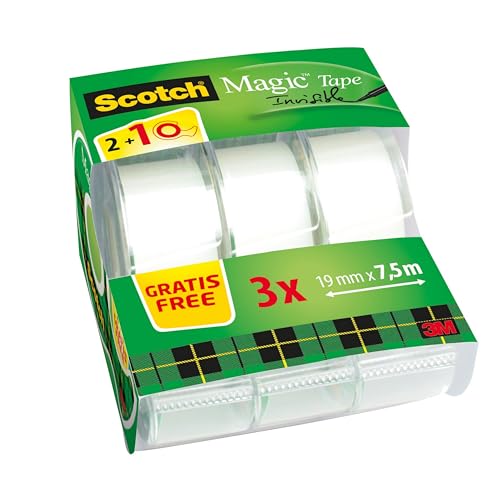 Scotch Nastro adesivo Magic - 3 Rotoli da 19 mm x 7,5 m su Dispenser portatile - Nastro Trasparente Opaco e Scrivibile Ottimo per Casa, Ufficio e Scuolati
