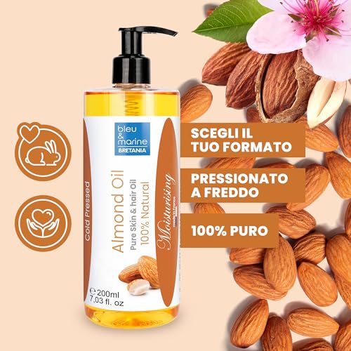 Olio di Mandorle Bio, Spremuto a Freddo, Coltivazione Ecologica - Adatto per Neonati, Anti Smagliature, Struccante, Olio da Massaggio, Corpo, Viso, Capelli, Gravidanza, Seno, 100% Naturale, 2000 ml