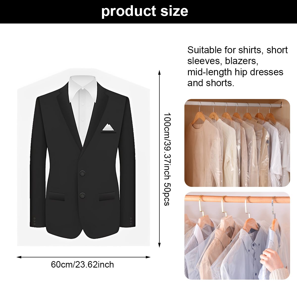 50 Pezzi Monouso Copriabiti Antipolvere Trasparenti,60 x 100 cm Buste Copriabiti Trasparenti di Plastica,Copri Abiti da Armadio Impermeabili,Copertura Vestiti per Abiti, Camicie,Giacche,Abbigliamento