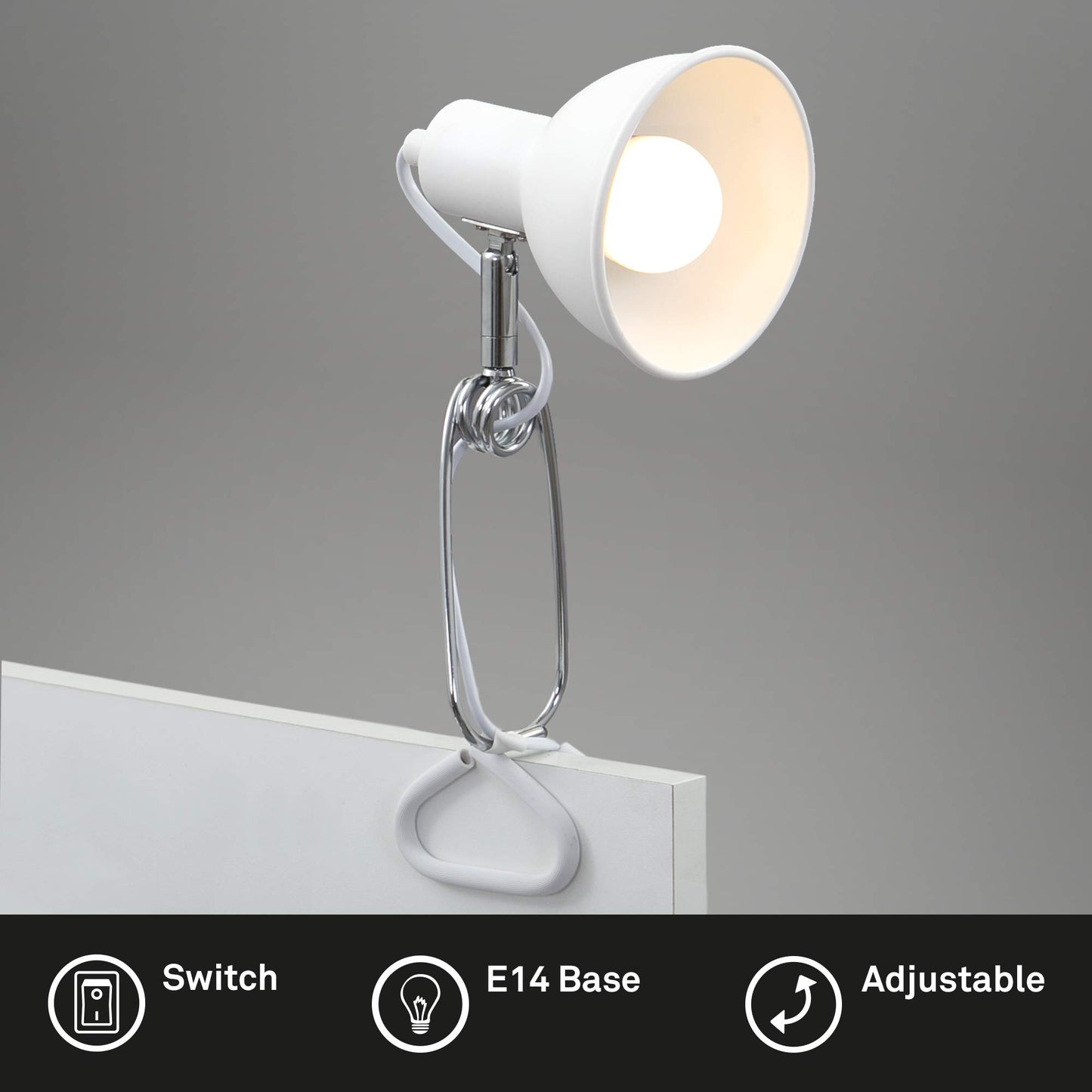 Briloner Leuchten - luce a pinza, lampada a pinza, 1x E14, max. 8 watt, con cavo con interruttore incluso, testina spot orientabile e rotante, in metallo, cromato/bianco, 305x110x130mm