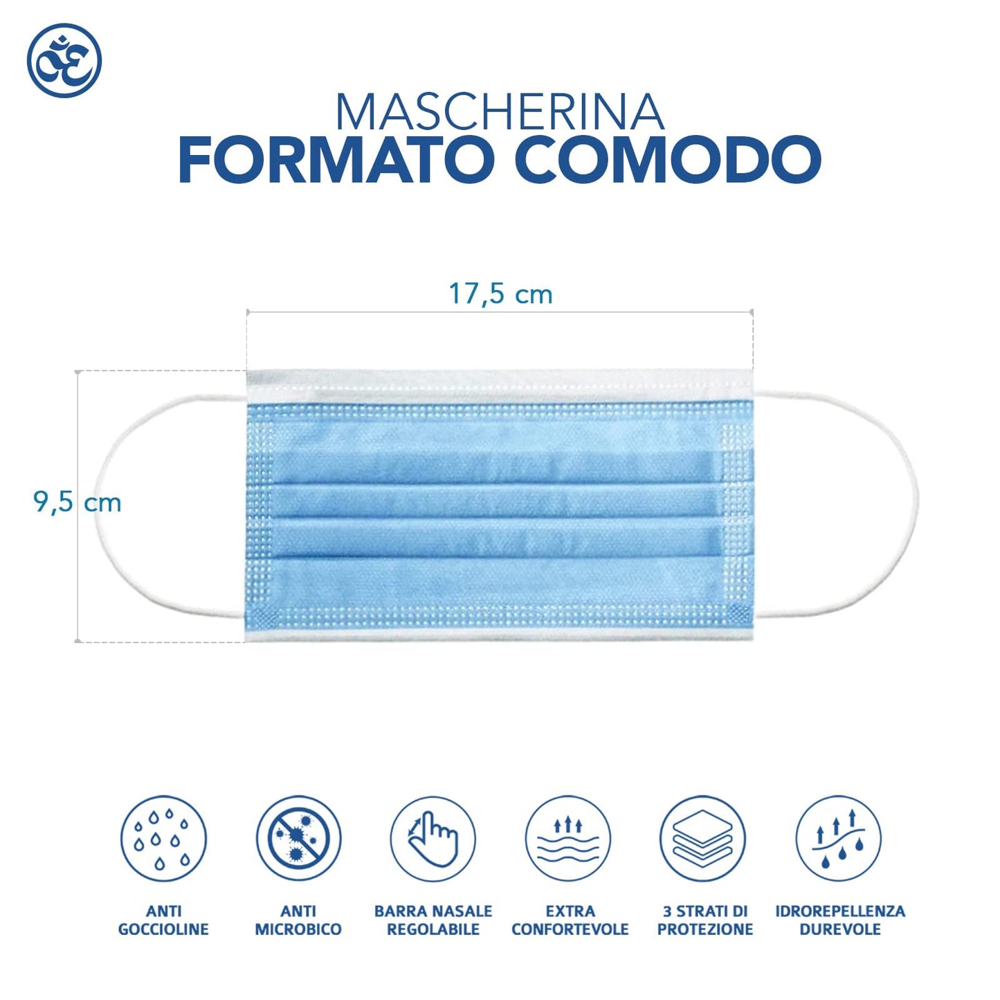 S&S Medical 100 Mascherine chirurgiche celesti 3 veli certificate CE | Dispositivo Medico di tipo 2r | Resistente agli spruzzi | 99,9% di protezione | sicure senza odore | Gancio salve orecchie