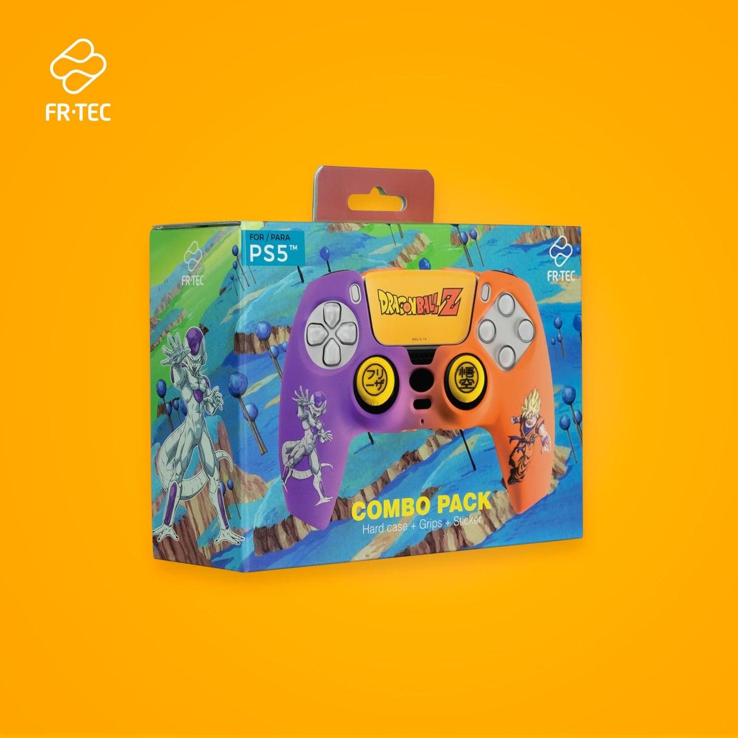 FRTEC - Combo Pack Dragon Ball Z, custodia rigida + impugnature + adesivo per PS5 DualSense, Goku e Freezer
