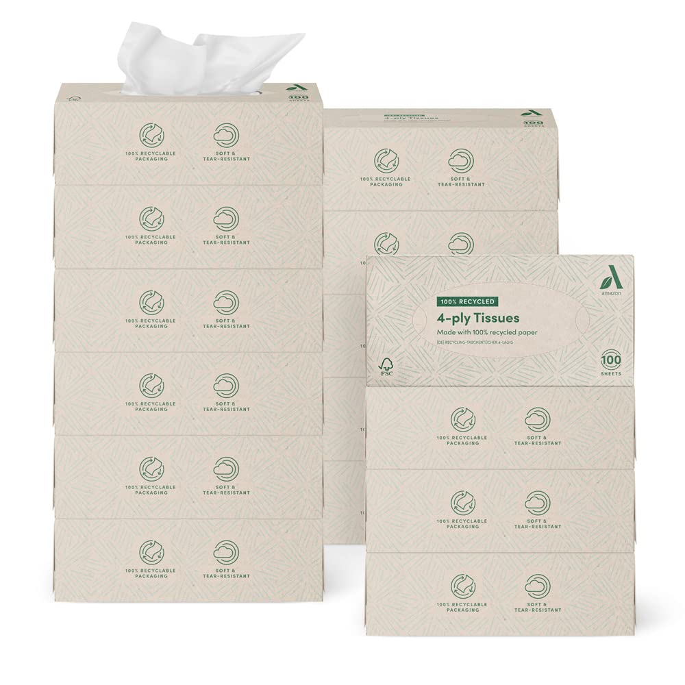 Amazon Aware 4 strati Fazzoletti per il viso in carta riciclata al 100%, 1500 unità, 15 confezioni da 100 ogni