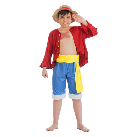 Chaks One Piece Costume Ruffy Cappello di paglia Monkey D. Ruffy per bambini, misura 128-152, costume da manga per cosplay (140), multicolore