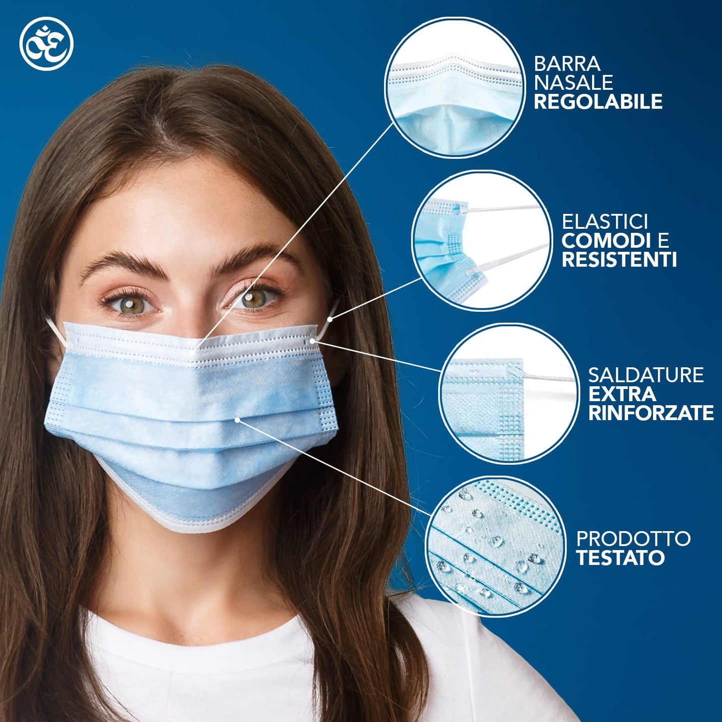 S&S Medical 100 Mascherine chirurgiche celesti 3 veli certificate CE | Dispositivo Medico di tipo 2r | Resistente agli spruzzi | 99,9% di protezione | sicure senza odore | Gancio salve orecchie