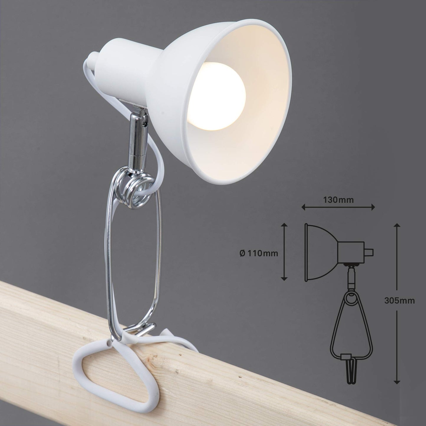 Briloner Leuchten - luce a pinza, lampada a pinza, 1x E14, max. 8 watt, con cavo con interruttore incluso, testina spot orientabile e rotante, in metallo, cromato/bianco, 305x110x130mm