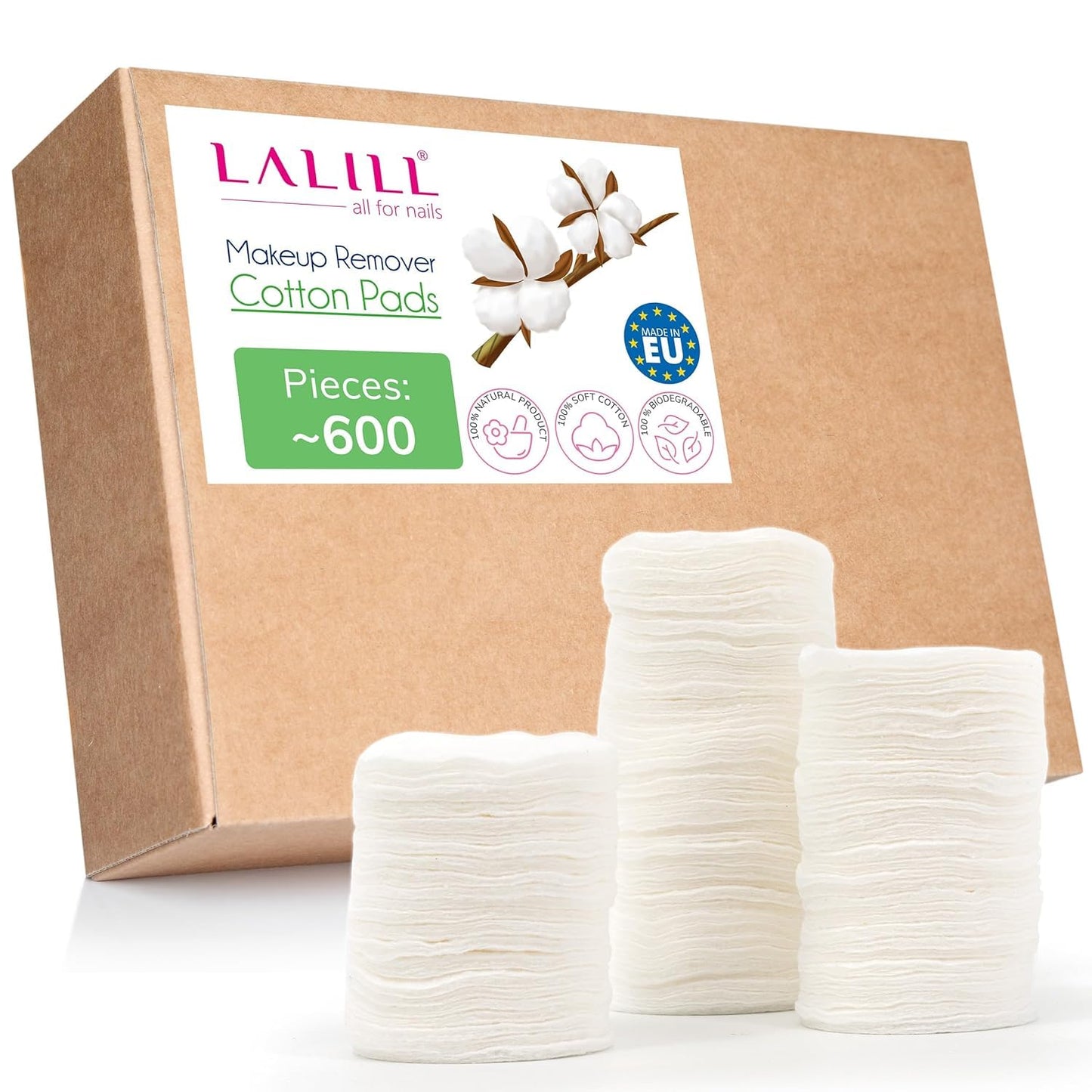 LALILL Cuscinetti di cotone in cotone, 600 pezzi, senza pelucchi, pulizia efficace del viso, adatti per pelli sensibili, in sacchetto