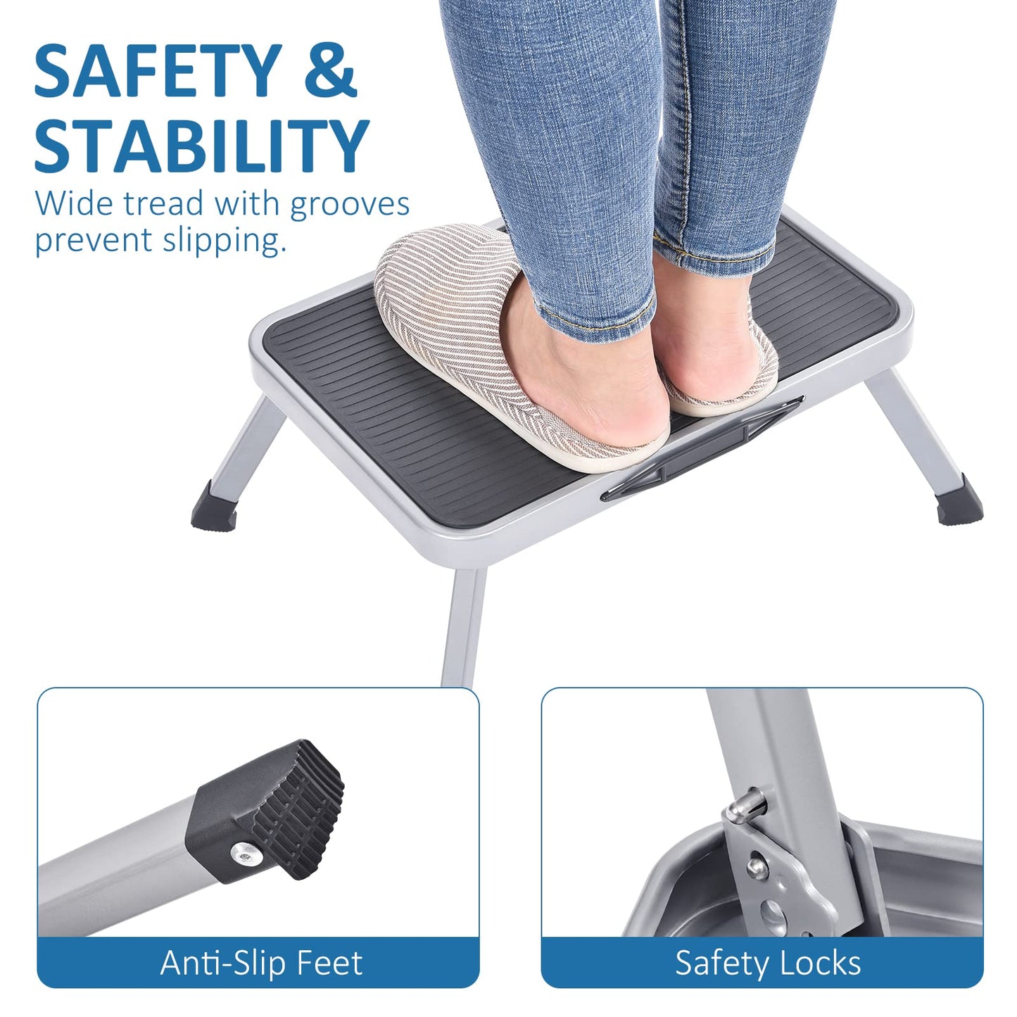 KINGRACK Sgabello pieghevole con superficie in gomma antiscivolo, leggero, in acciaio, può supportare fino a 150 kg di peso (1Step-Grigio)
