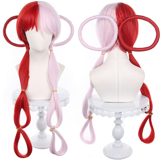 Parrucca cosplay Anime ONE PIECE Uta capelli lunghi rossi e rosa con tessuto sintetico resistente al calore per le donne Halloween Cosplay Party + berretto