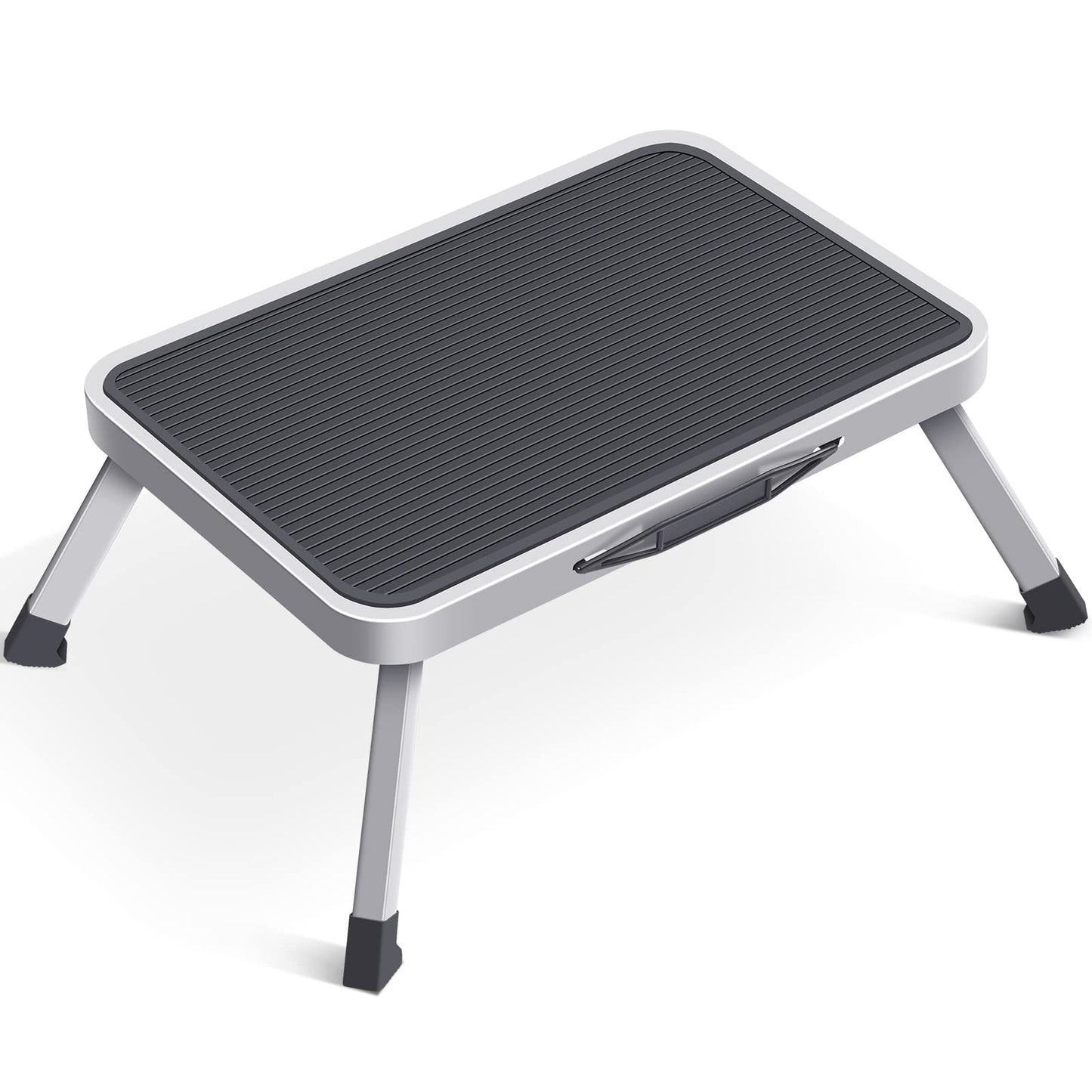KINGRACK Sgabello pieghevole con superficie in gomma antiscivolo, leggero, in acciaio, può supportare fino a 150 kg di peso (1Step-Grigio)