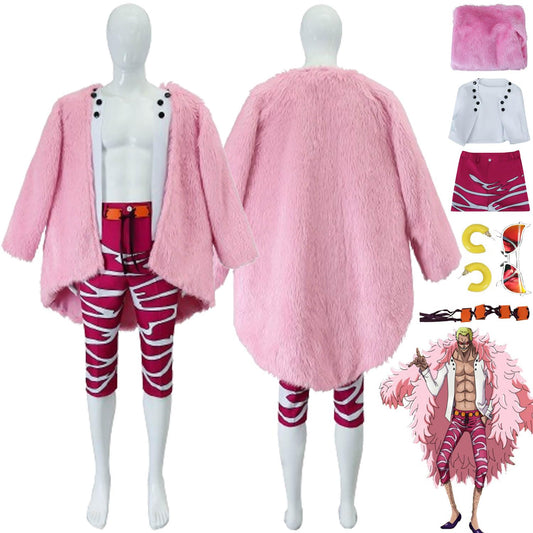 bbganlian Anime One Piece Doflamingo Cosplay Costume Vestito Gioco di Ruolo Uniforme Set Completo Halloween Festa Carnevale Dress Up Suit con Orecchini Occhiali da Sole per Uomini (XXXL)