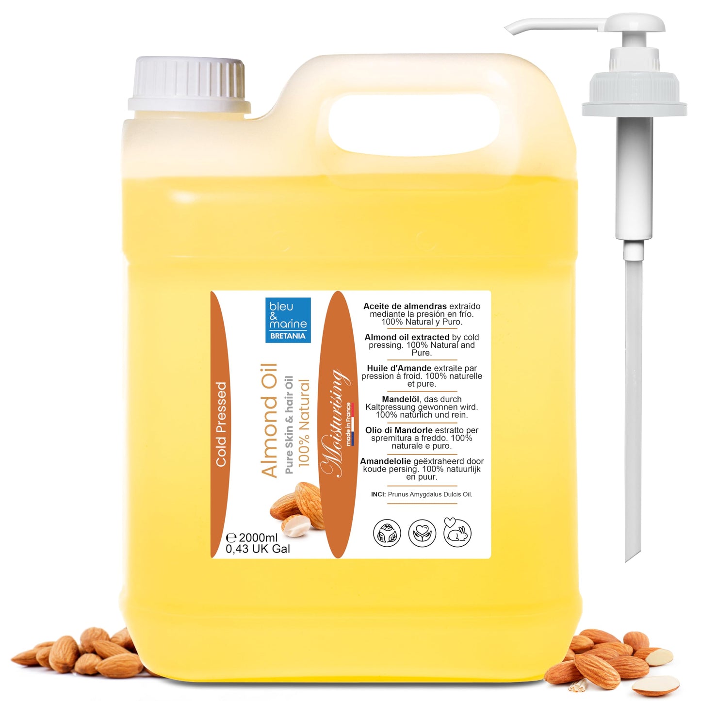 Olio di Mandorle Bio, Spremuto a Freddo, Coltivazione Ecologica - Adatto per Neonati, Anti Smagliature, Struccante, Olio da Massaggio, Corpo, Viso, Capelli, Gravidanza, Seno, 100% Naturale, 2000 ml