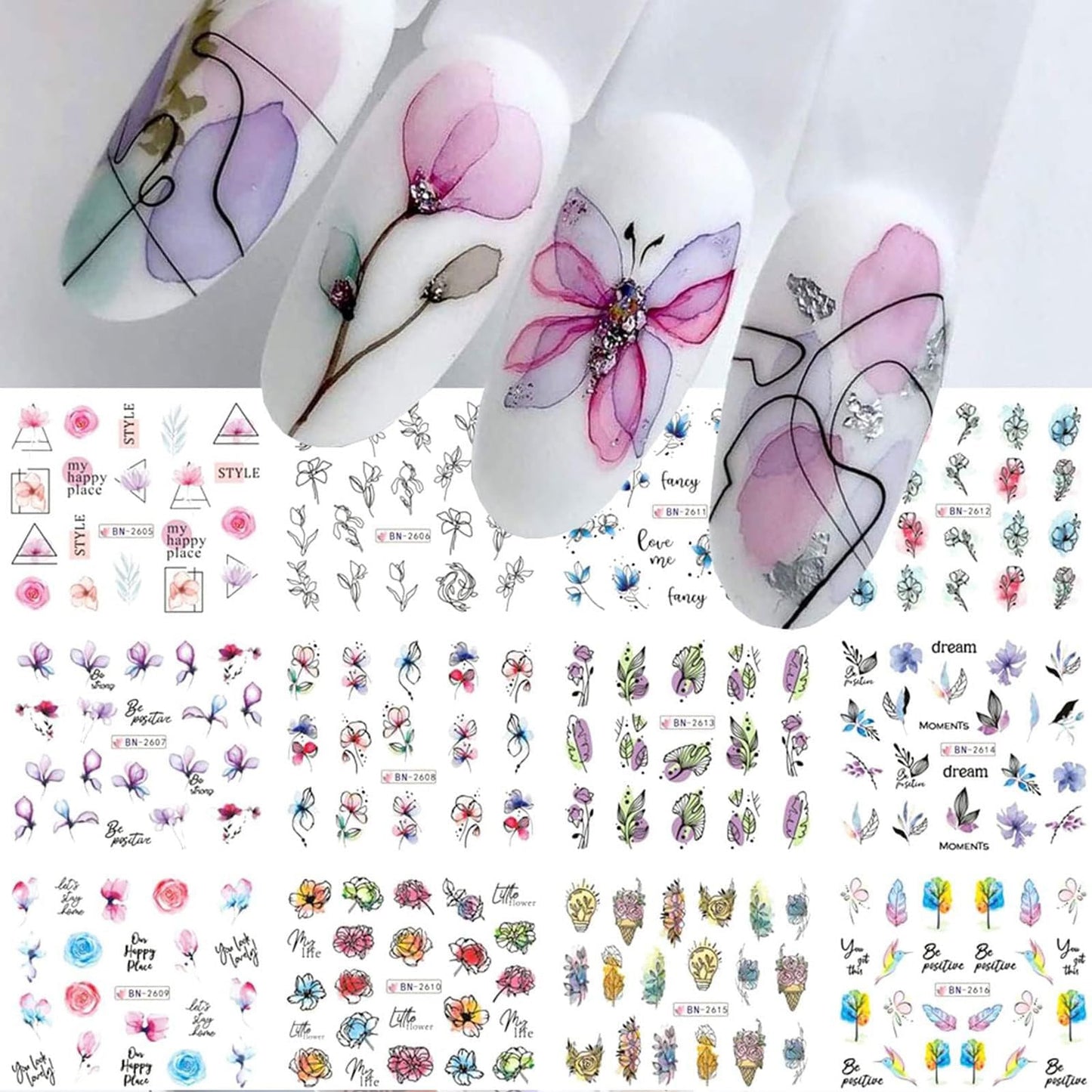Ruzister® 12 pezzi Geometria Linea Fiore Foglia Adesivi per nail art Adesivi per unghie con trasferimento d'acqua Graffiti Dipinti Adesivi colorati con cursore