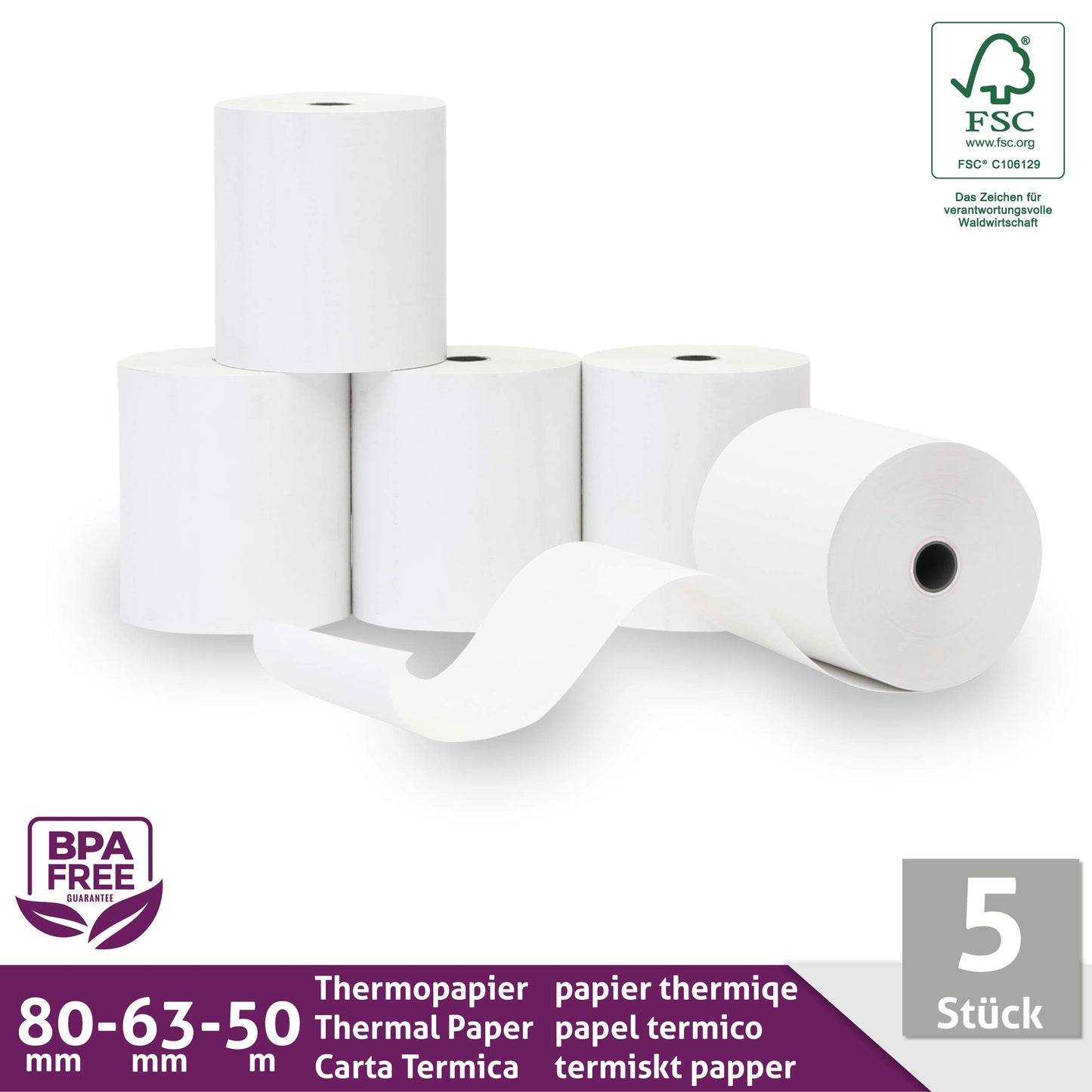 Rotoli termici 80mm x 50m x 12mm – Carta termica per registratore di cassa fiscale - Termici per registratori di cassa con stampante scontrini - (80x63x12) BPA Free (5 Rotoli)