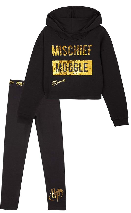 Harry Potter Felpa Corta Con Cappuccio Per Bambina E Ragazza E Leggings In Cotone 6-14 Anni, Abbigliamento Ufficiale, Magiche Idee Regalo (Nero, 13-14 anni)