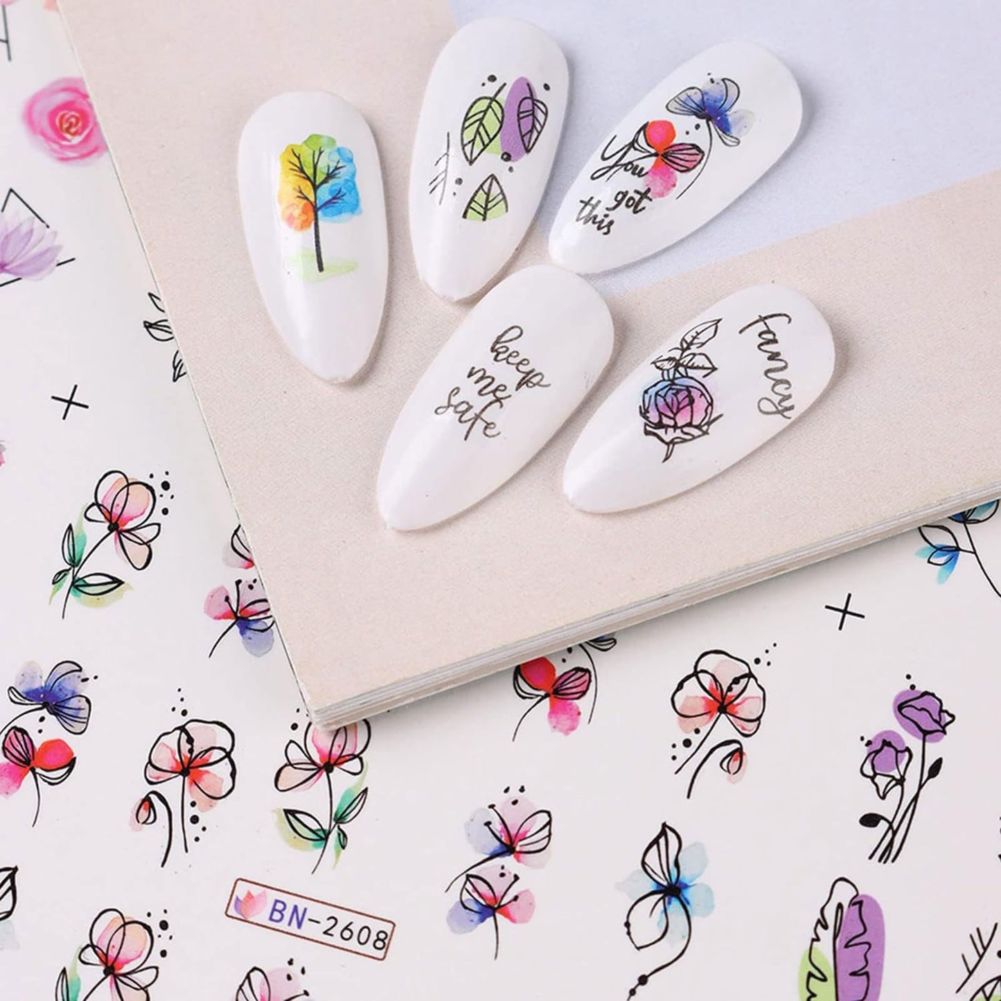 Ruzister® 12 pezzi Geometria Linea Fiore Foglia Adesivi per nail art Adesivi per unghie con trasferimento d'acqua Graffiti Dipinti Adesivi colorati con cursore