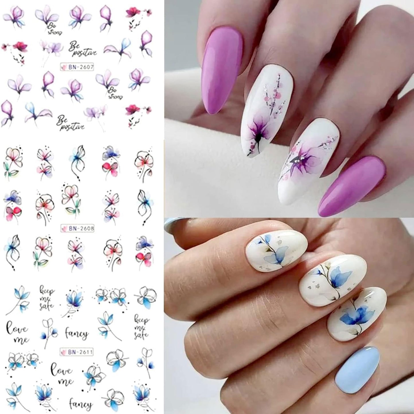Ruzister® 12 pezzi Geometria Linea Fiore Foglia Adesivi per nail art Adesivi per unghie con trasferimento d'acqua Graffiti Dipinti Adesivi colorati con cursore