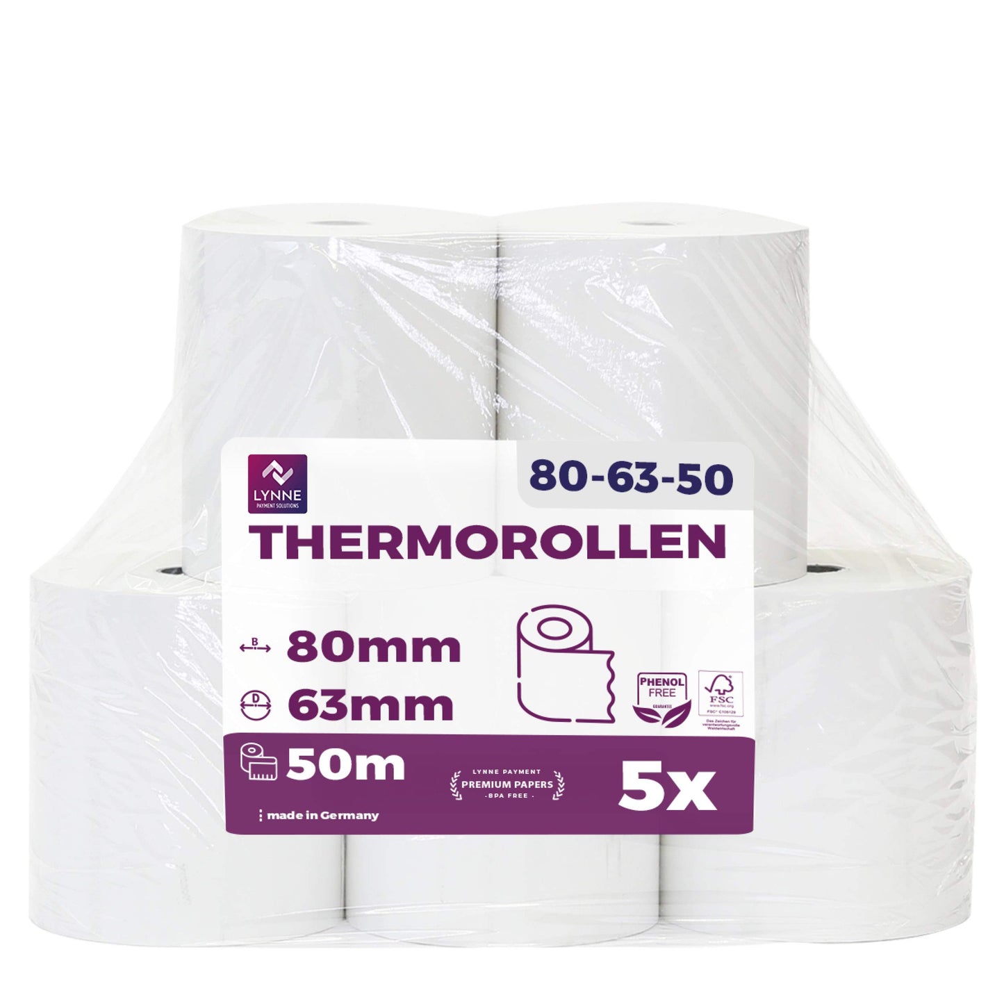 Rotoli termici 80mm x 50m x 12mm – Carta termica per registratore di cassa fiscale - Termici per registratori di cassa con stampante scontrini - (80x63x12) BPA Free (5 Rotoli)