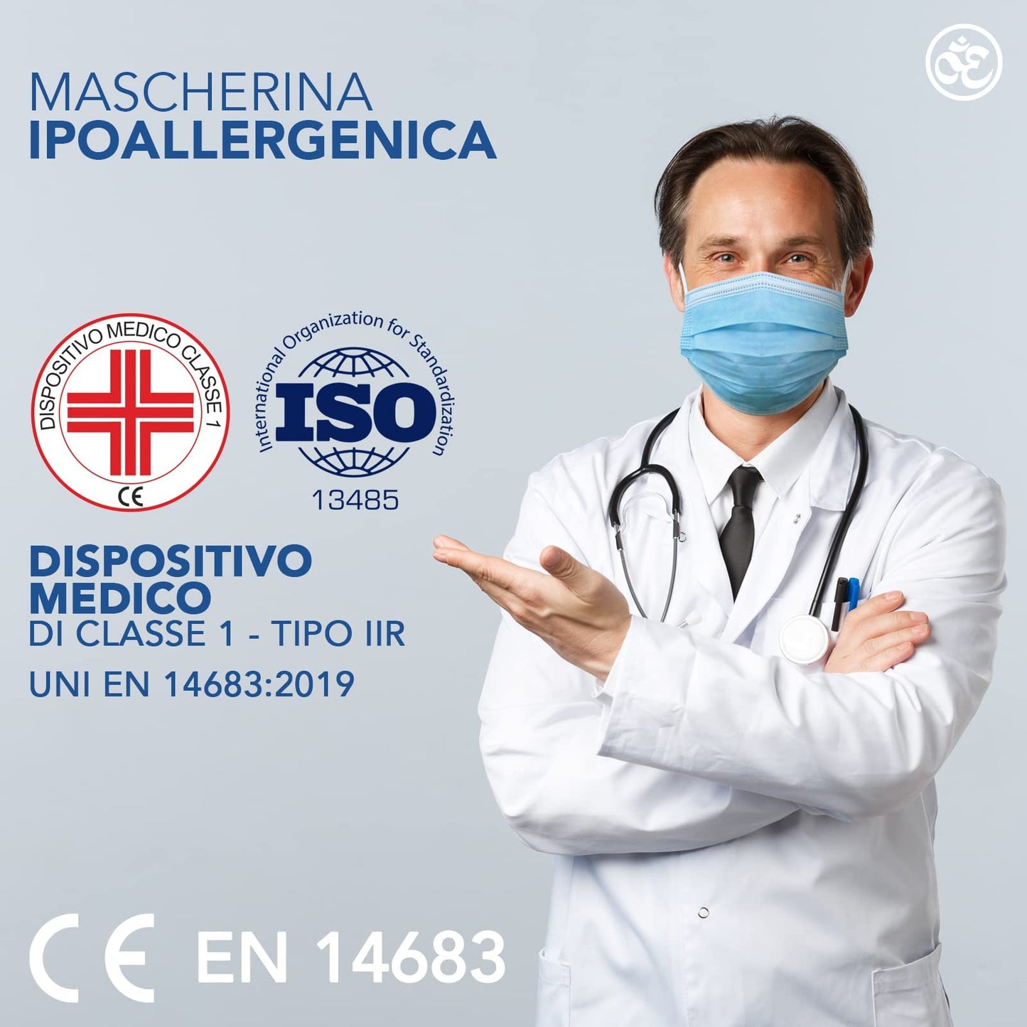 S&S Medical 100 Mascherine chirurgiche celesti 3 veli certificate CE | Dispositivo Medico di tipo 2r | Resistente agli spruzzi | 99,9% di protezione | sicure senza odore | Gancio salve orecchie