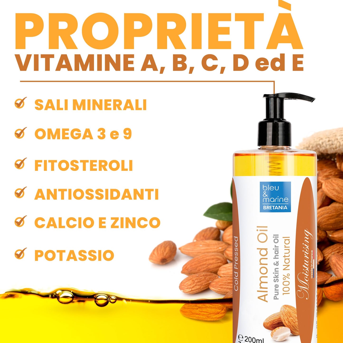 Olio di Mandorle Bio, Spremuto a Freddo, Coltivazione Ecologica - Adatto per Neonati, Anti Smagliature, Struccante, Olio da Massaggio, Corpo, Viso, Capelli, Gravidanza, Seno, 100% Naturale, 2000 ml