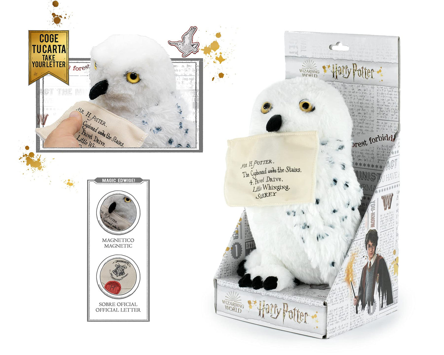 Harry Potter - Peluche Hedwig Edvige Gufo Bianco con Busta Magnetica e Display 24cm - qualità Super Morbida
