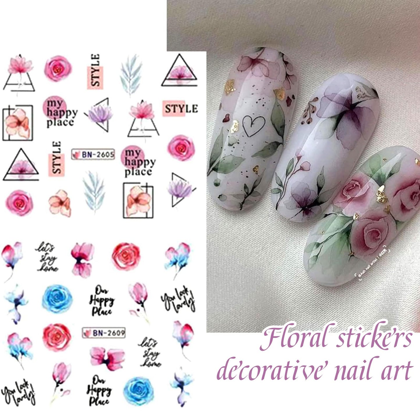 Ruzister® 12 pezzi Geometria Linea Fiore Foglia Adesivi per nail art Adesivi per unghie con trasferimento d'acqua Graffiti Dipinti Adesivi colorati con cursore