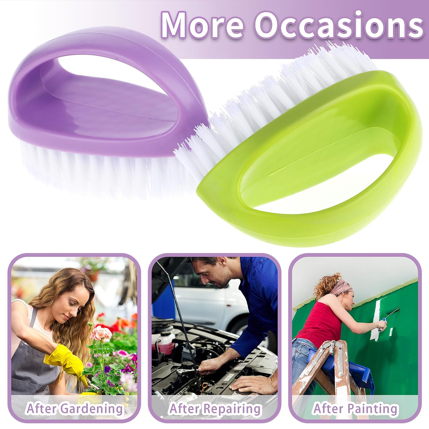 Cobee Confezione da 2 spazzole per unghie per la pulizia delle unghie con setole rigide durevoli, con manico, per la pulizia delle unghie e delle mani degli uomini, per il giardino (verde, viola)