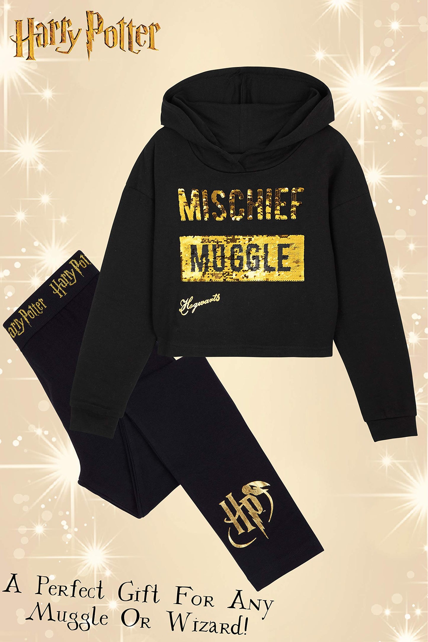 Harry Potter Felpa Corta Con Cappuccio Per Bambina E Ragazza E Leggings In Cotone 6-14 Anni, Abbigliamento Ufficiale, Magiche Idee Regalo (Nero, 13-14 anni)