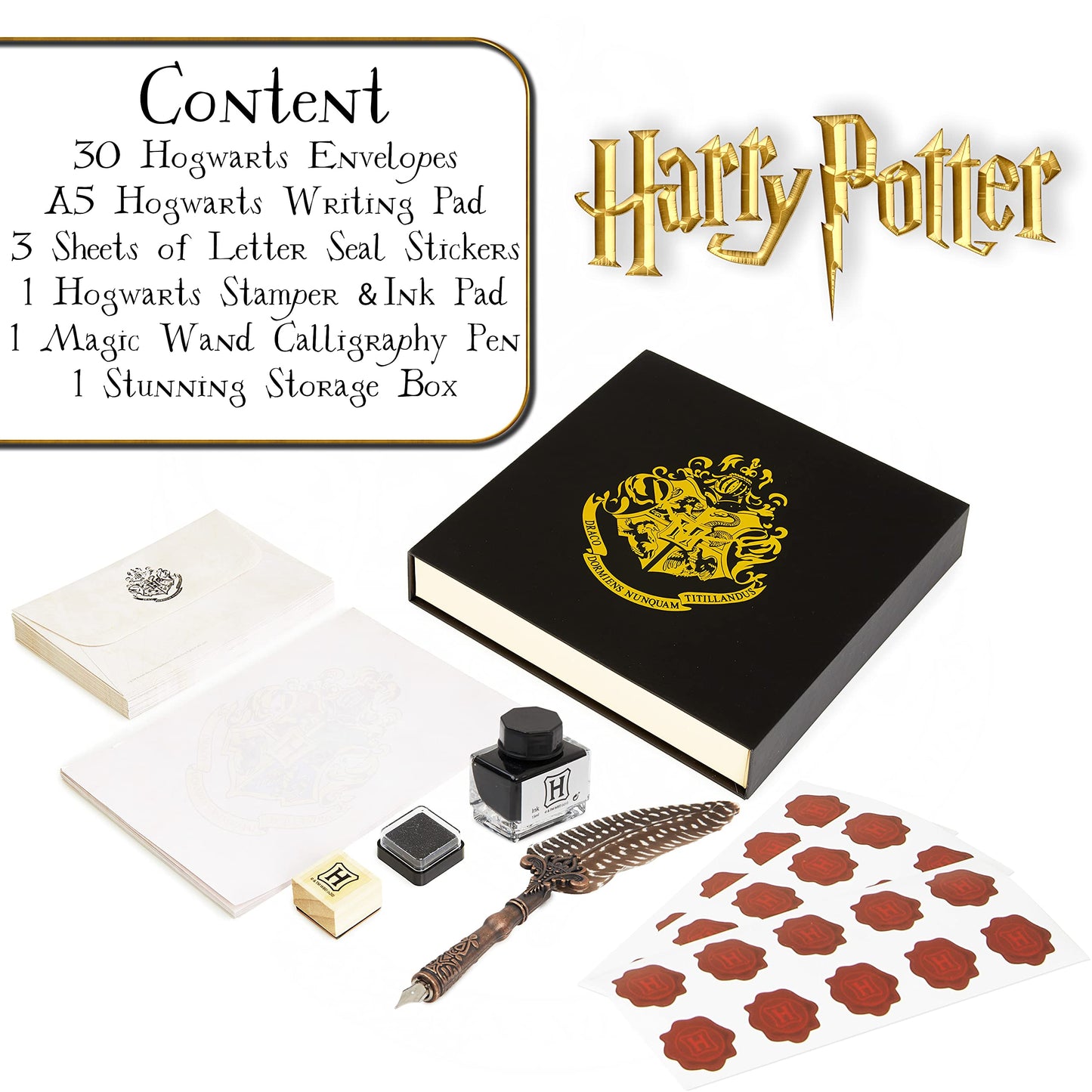 Harry Potter Penna Piuma con Calamaio, Set con Carta da Lettere e Buste, Sigillo Hogwarts e Timbro, Gadget Originali