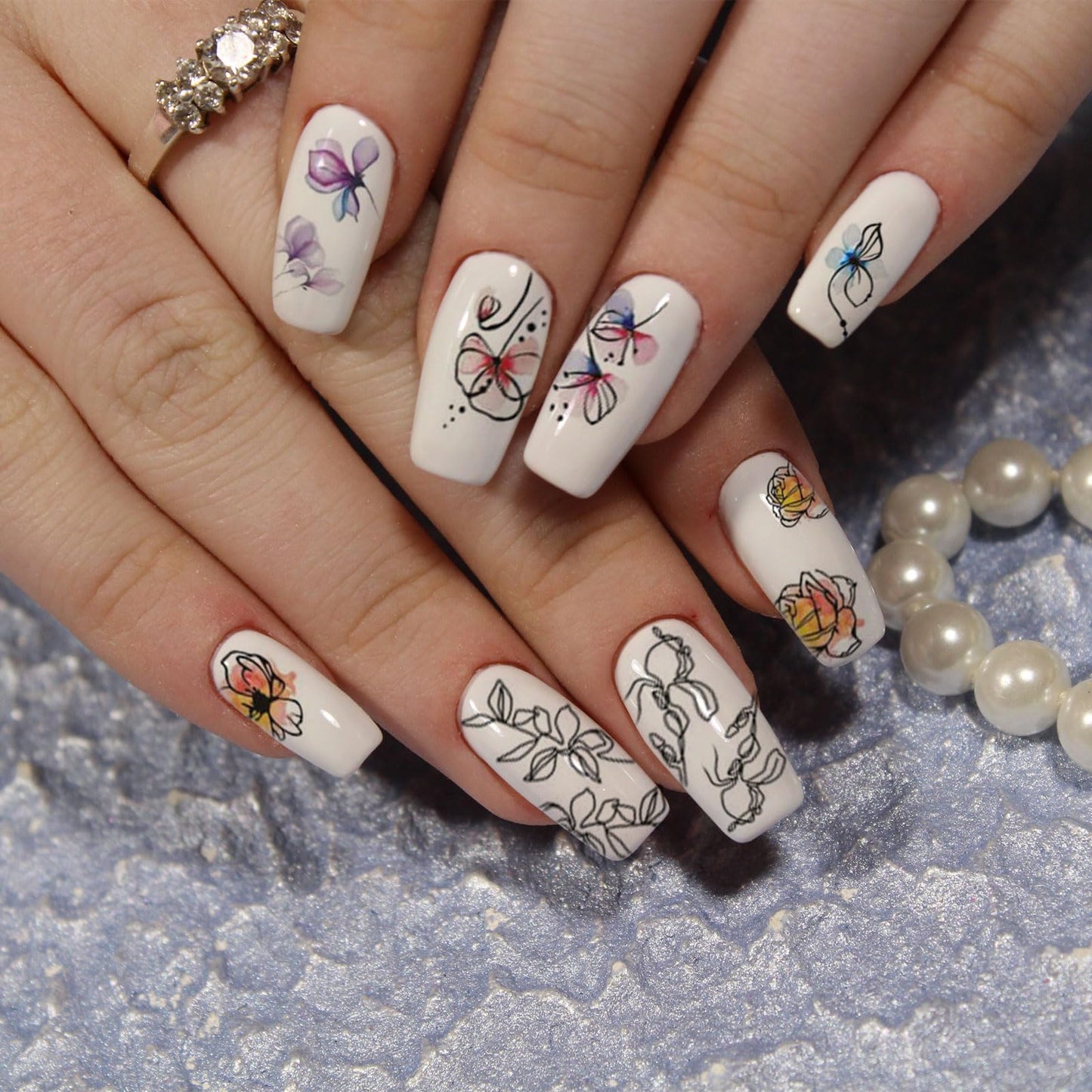 Ruzister® 12 pezzi Geometria Linea Fiore Foglia Adesivi per nail art Adesivi per unghie con trasferimento d'acqua Graffiti Dipinti Adesivi colorati con cursore