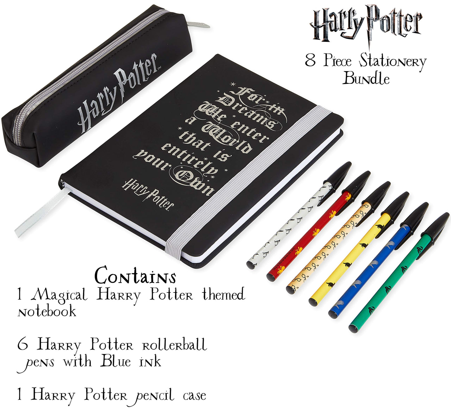 Harry Potter Set Cancelleria Kit di Cartoleria con Agenda A5 Astuccio e Set Penne Gadget Originale (Nero)