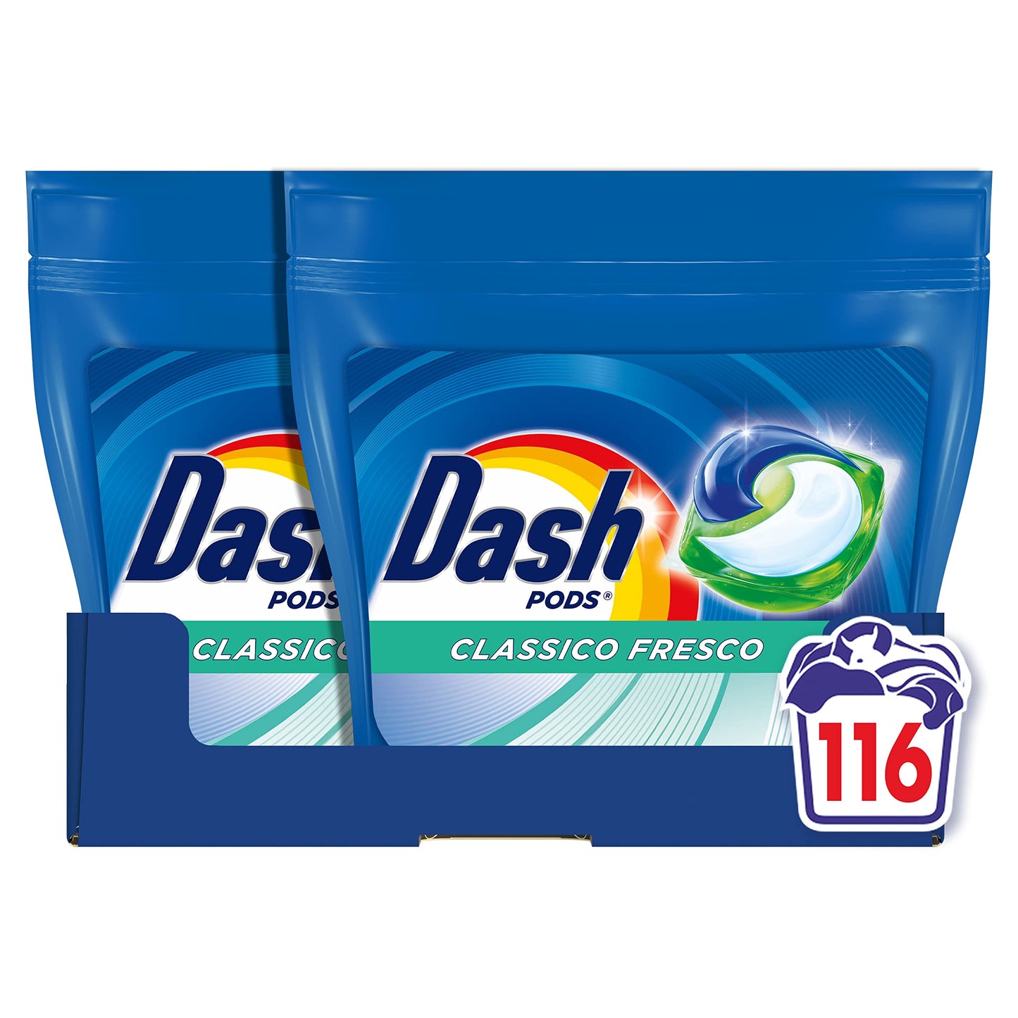 Dash Pods Detersivo Lavatrice In Capsule, 116 Lavaggi (58x2), Classico Fresco, Rimuove Le Macchie, Efficace A Freddo Anche E In Cicli Brevi