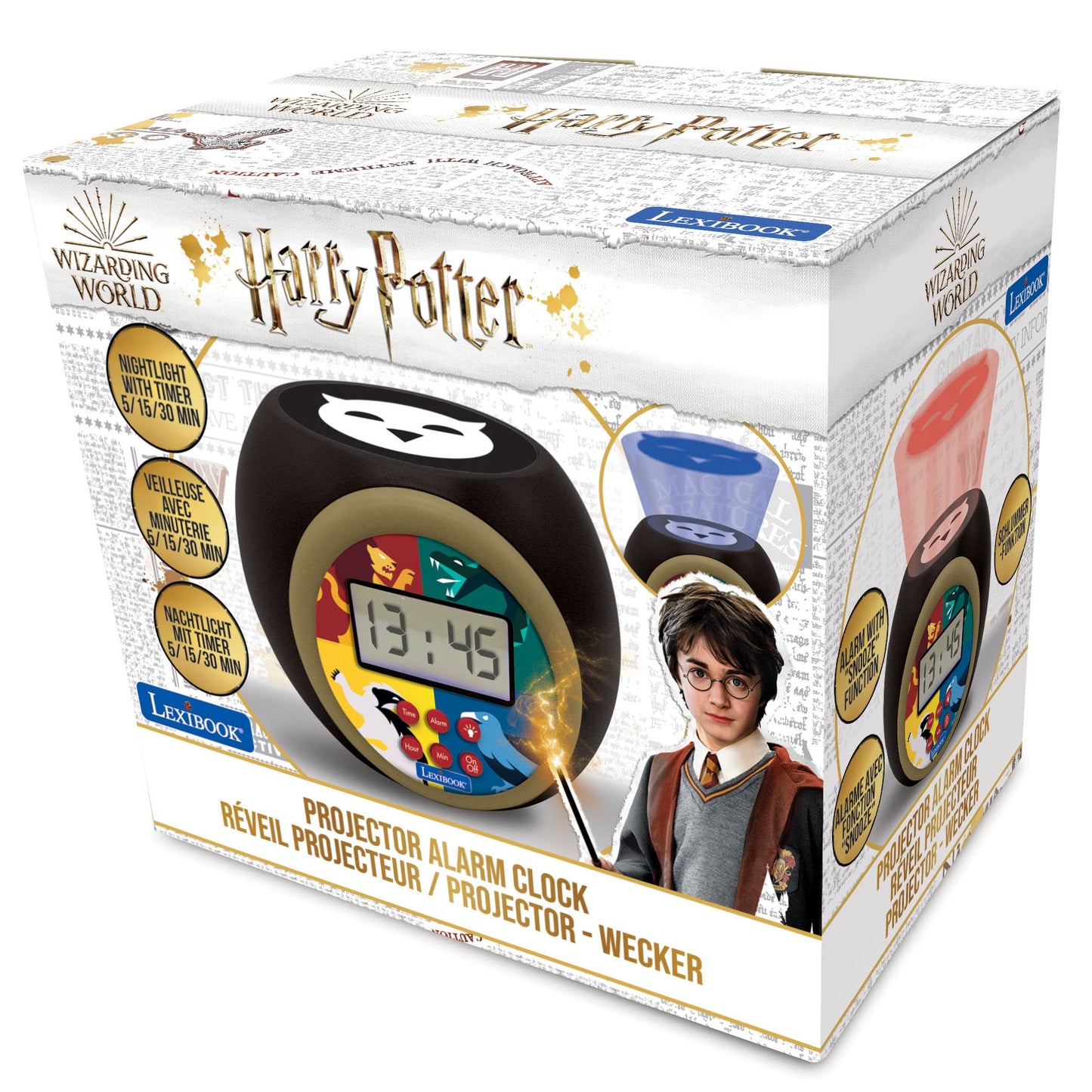Lexibook, Harry Potter, Sveglia a proiettore con funzione snooze e sveglia, luce notturna con timer, schermo LCD, funzionamento a batteria, nero, RL977HP