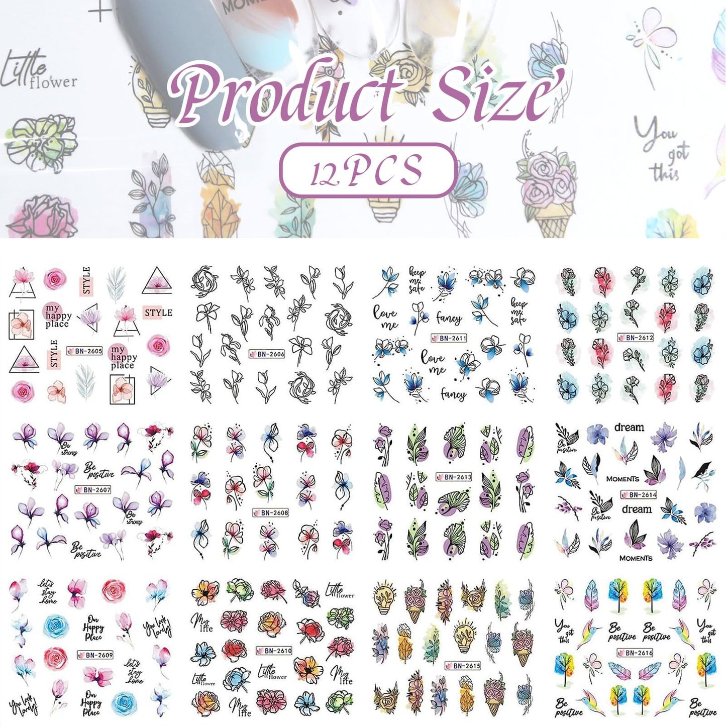 Ruzister® 12 pezzi Geometria Linea Fiore Foglia Adesivi per nail art Adesivi per unghie con trasferimento d'acqua Graffiti Dipinti Adesivi colorati con cursore