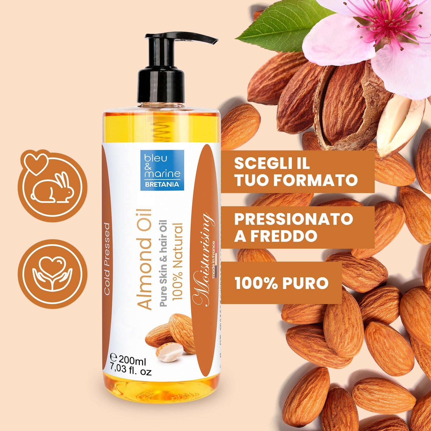 Olio di Mandorle Bio, Spremuto a Freddo, Coltivazione Ecologica - Adatto per Neonati, Anti Smagliature, Struccante, Olio da Massaggio, Corpo, Viso, Capelli, Gravidanza, Seno, 100% Naturale, 2000 ml