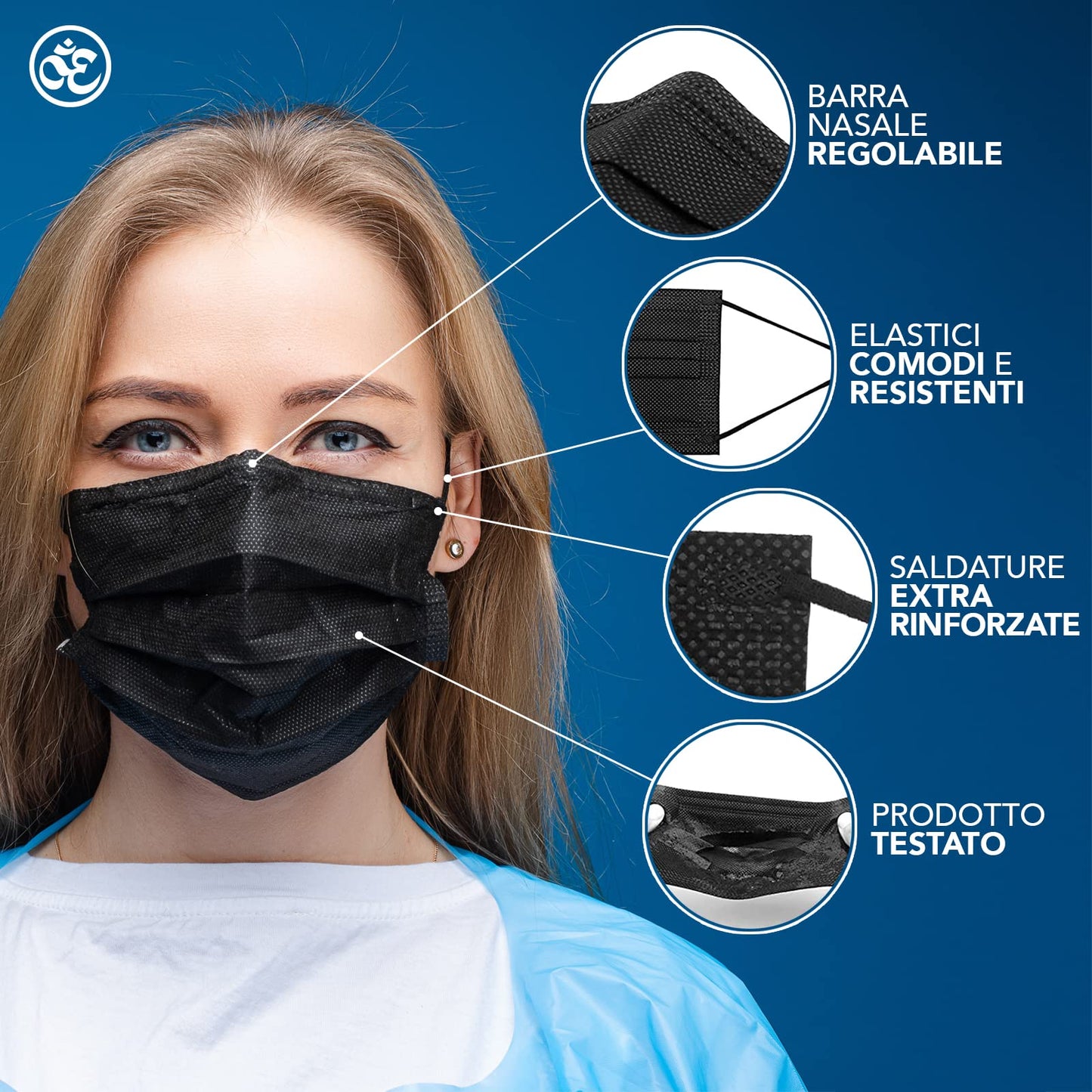 100 mascherine chirurgiche nere 3 veli in confezioni richiudibili da 10 ad alta filtrazione BFE ≥ 99,9% IIR CE Dispositivo Medico di classe IIR certificate CE + Gancio salve orecchie