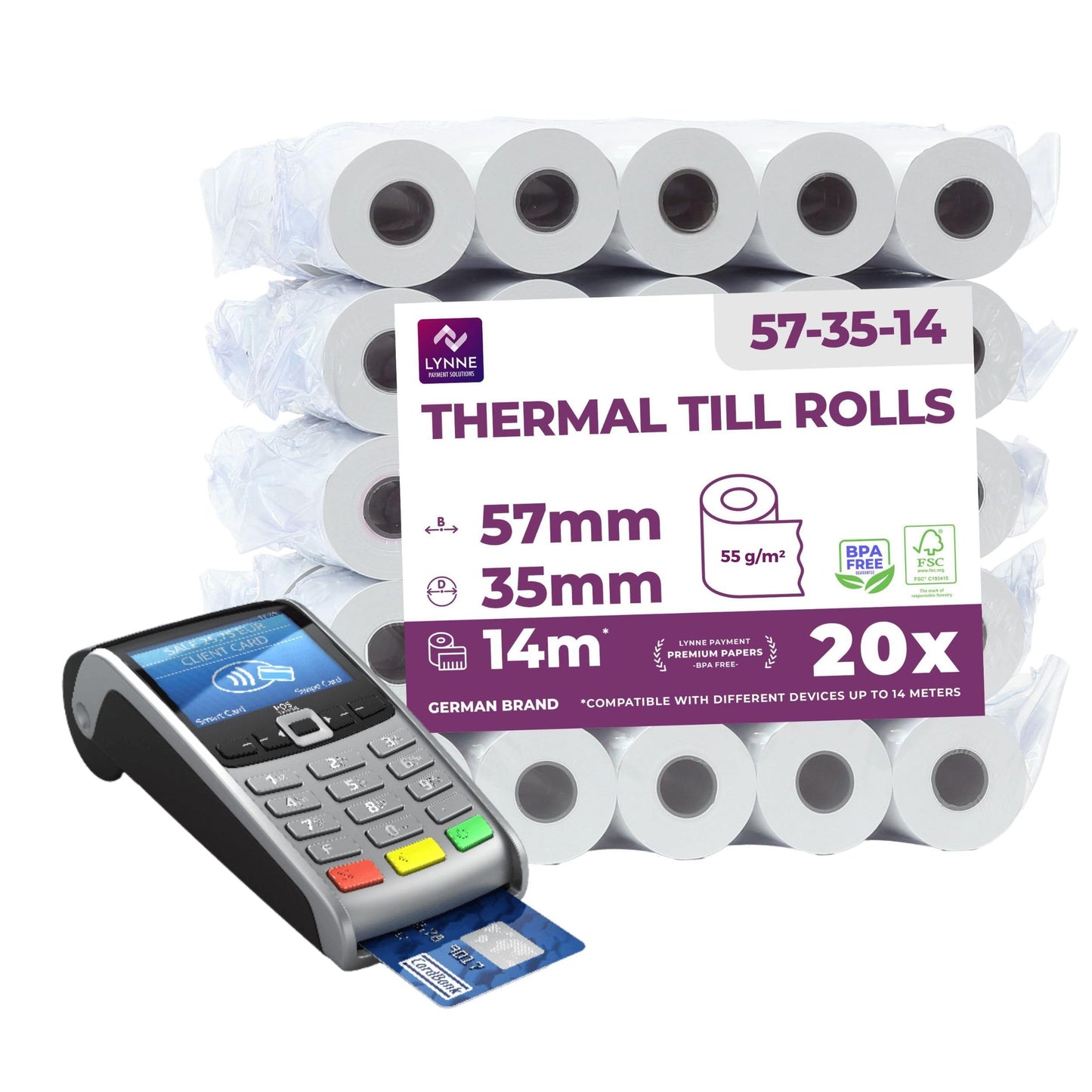 Rotoli Pos 57mm x 14m x 12mm - Rotolo di carta termica per ricevute bancomat – Rotolini per dispositivi pos 57x35x12 (20 Rotoli)