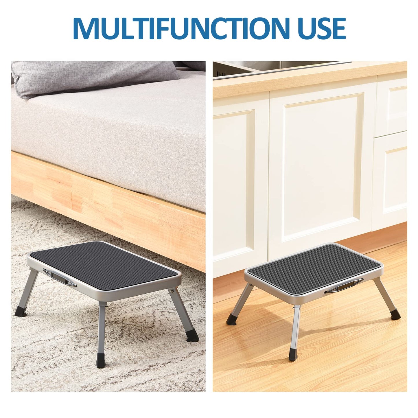 KINGRACK Sgabello pieghevole con superficie in gomma antiscivolo, leggero, in acciaio, può supportare fino a 150 kg di peso (1Step-Grigio)