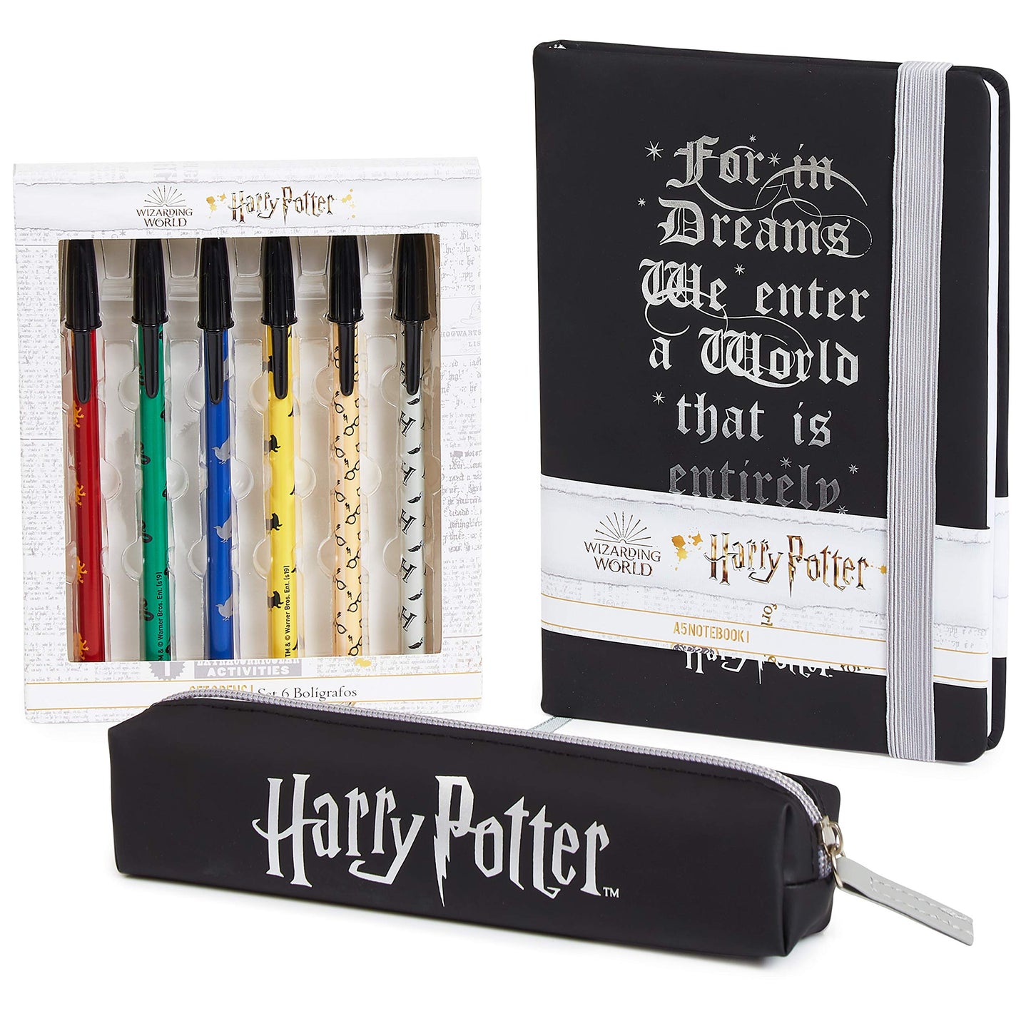Harry Potter Set Cancelleria Kit di Cartoleria con Agenda A5 Astuccio e Set Penne Harry Potter Gadget Originale (Nero/Multi)