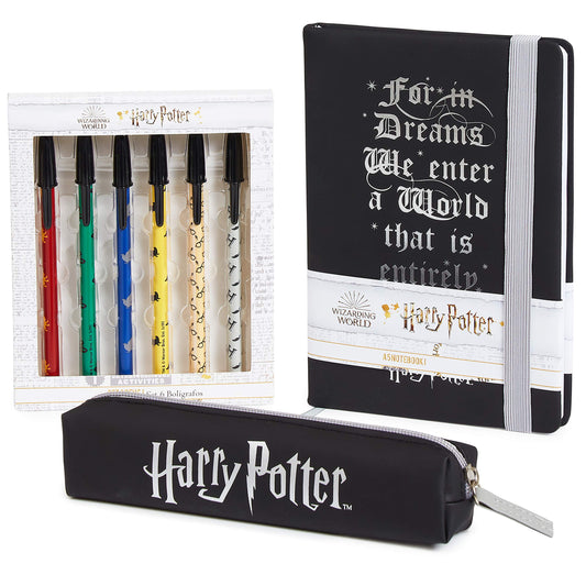 Harry Potter Set Cancelleria Kit di Cartoleria con Agenda A5 Astuccio e Set Penne Harry Potter Gadget Originale (Nero/Multi)