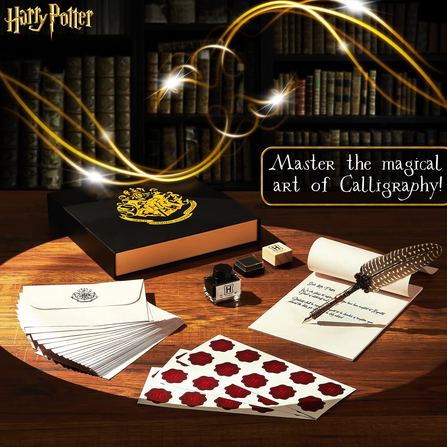 Harry Potter Penna Piuma con Calamaio, Set con Carta da Lettere e Buste, Sigillo Hogwarts e Timbro, Gadget Originali