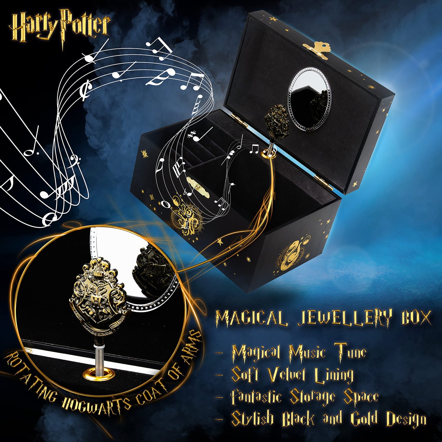 Harry Potter Portagioie Musicale per Bambina Carillon Con Stemma di Hogwarts Rotante e Specchio Gadget Originali