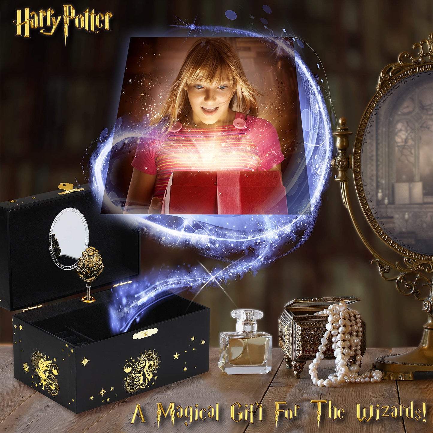 Harry Potter Portagioie Musicale per Bambina Carillon Con Stemma di Hogwarts Rotante e Specchio Gadget Originali
